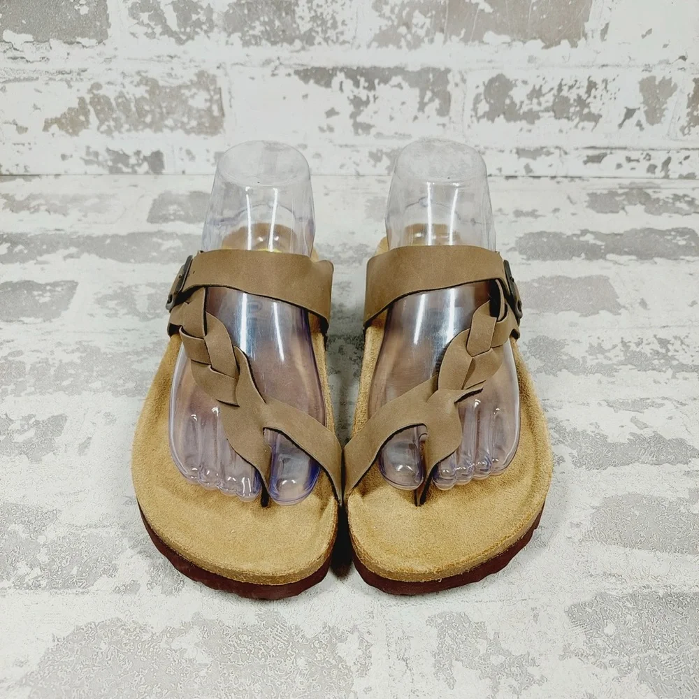 NEW Cushionaire Tan Brown Strappy Buckle Cork Footbed Summer Slide Sandals K28 - Picture 6 of 10